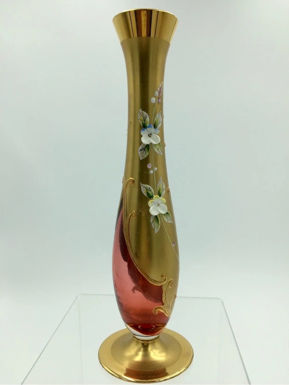 Vintage Czech Bohemian Lead Crystal 24K Gold Gilt Hand-Painted Art Glass Vase